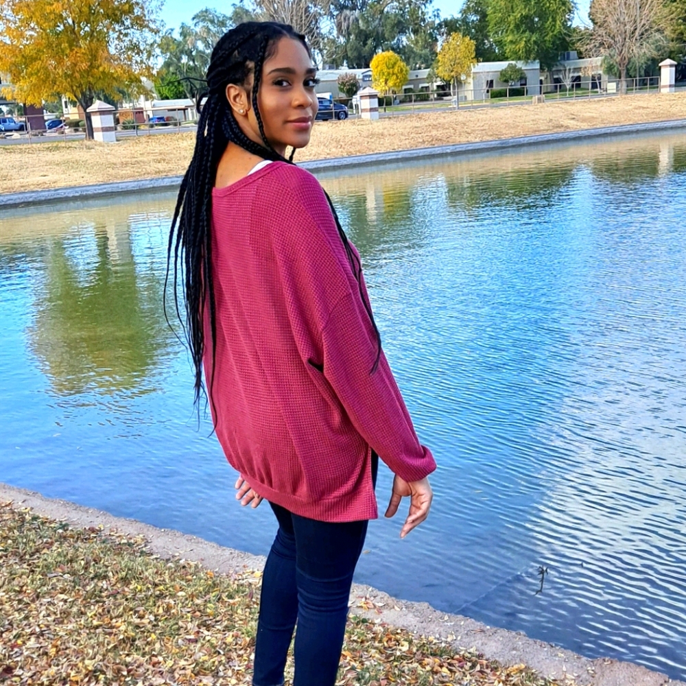 Berry Long Sleeve Open Knit Loose Fit Sweatshirt - Picture 3 of 5